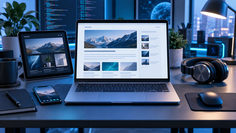 Cinematic Blue-Toned Creator Workspace
