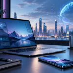 Futuristic Workspace with Holographic Cityscape