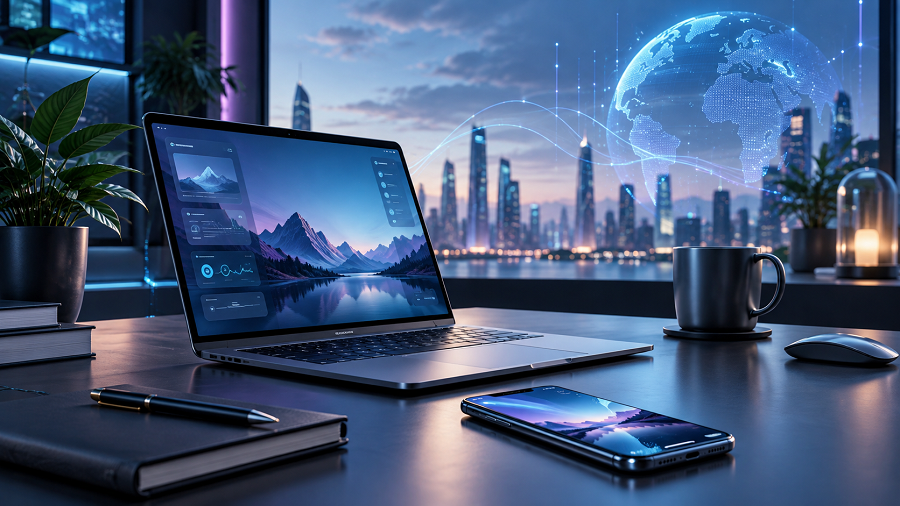 Futuristic Workspace with Holographic Cityscape