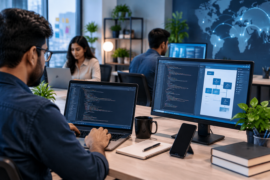 Modern Tech Workspace with Global Connections